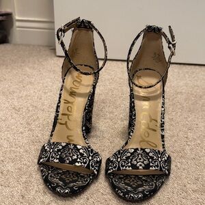 Sam Edelman Black & Silver Brocade Ankle-Strap Heels